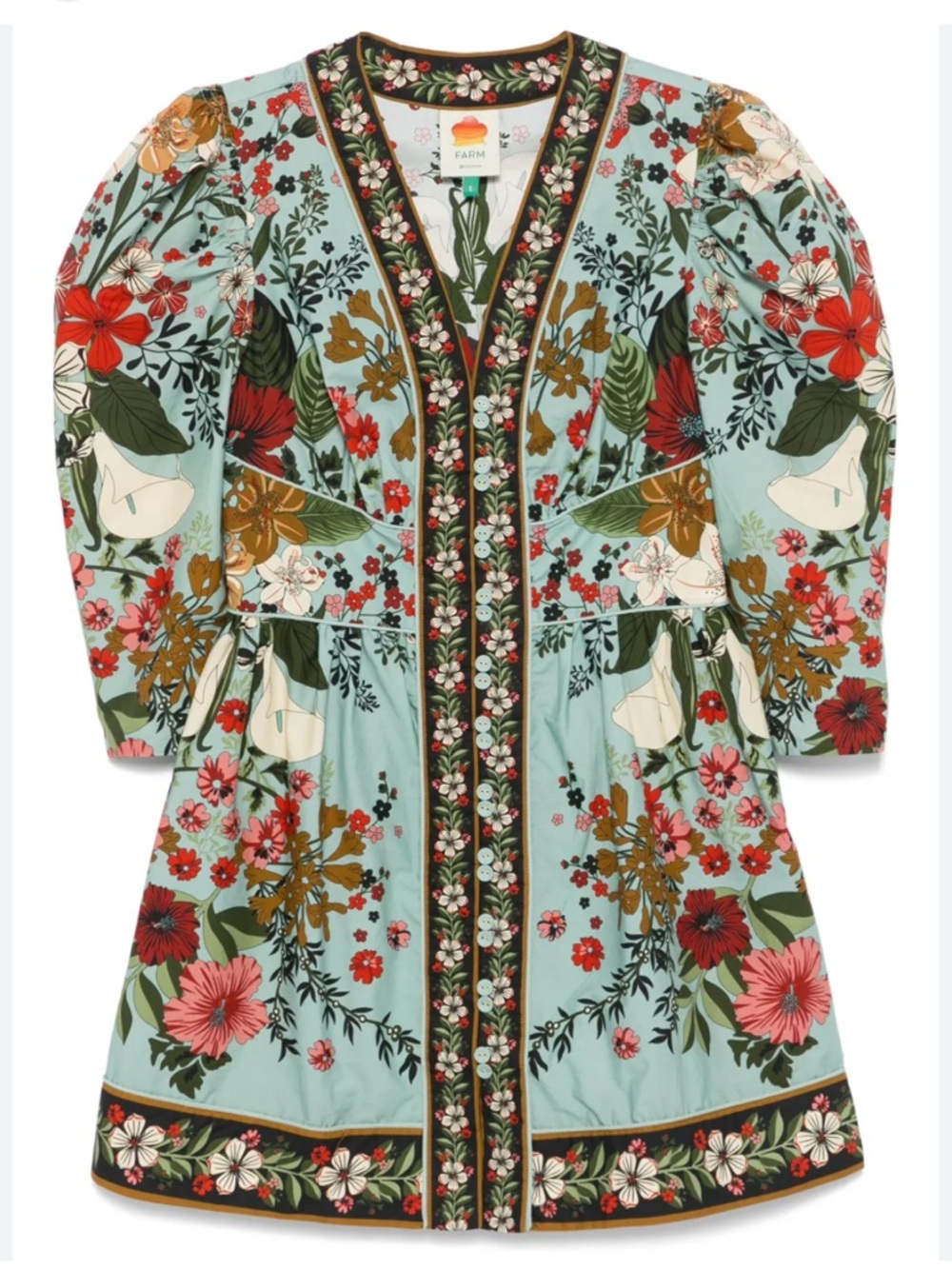 FARM Rio Aqua Floral Embroidered V-Neck Mini Dress